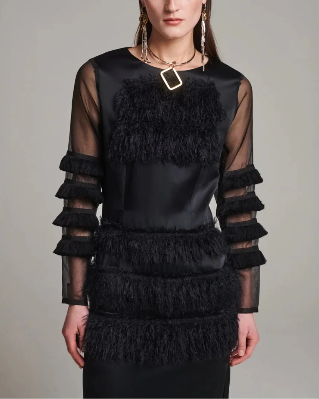 Combined Fringe Satin Dress - Image 5