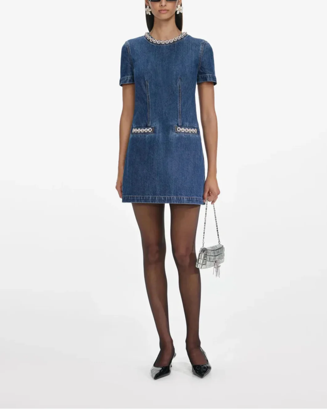 Denim Crystal Trim Mini Dress - Image 2