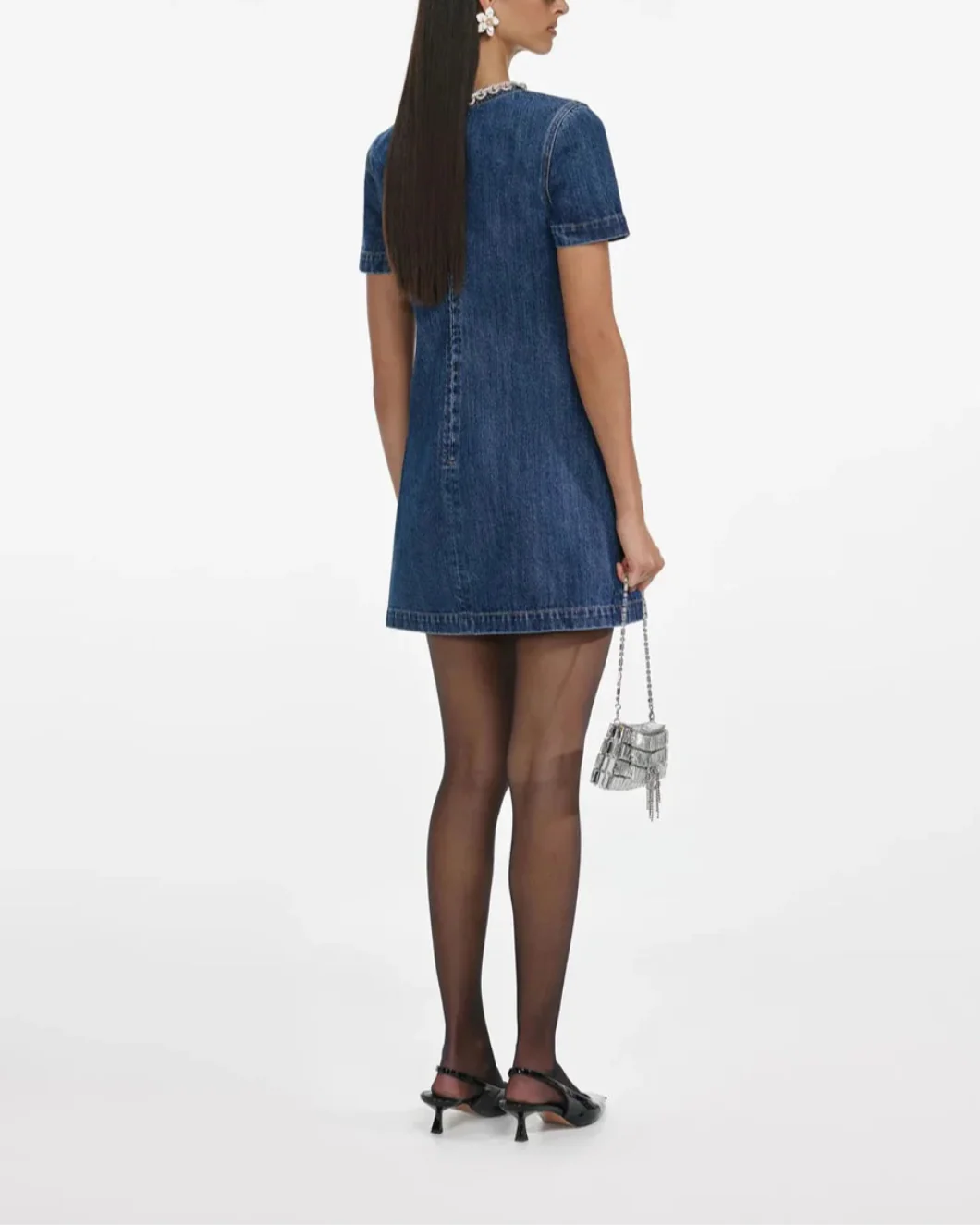 Denim Crystal Trim Mini Dress - Image 4