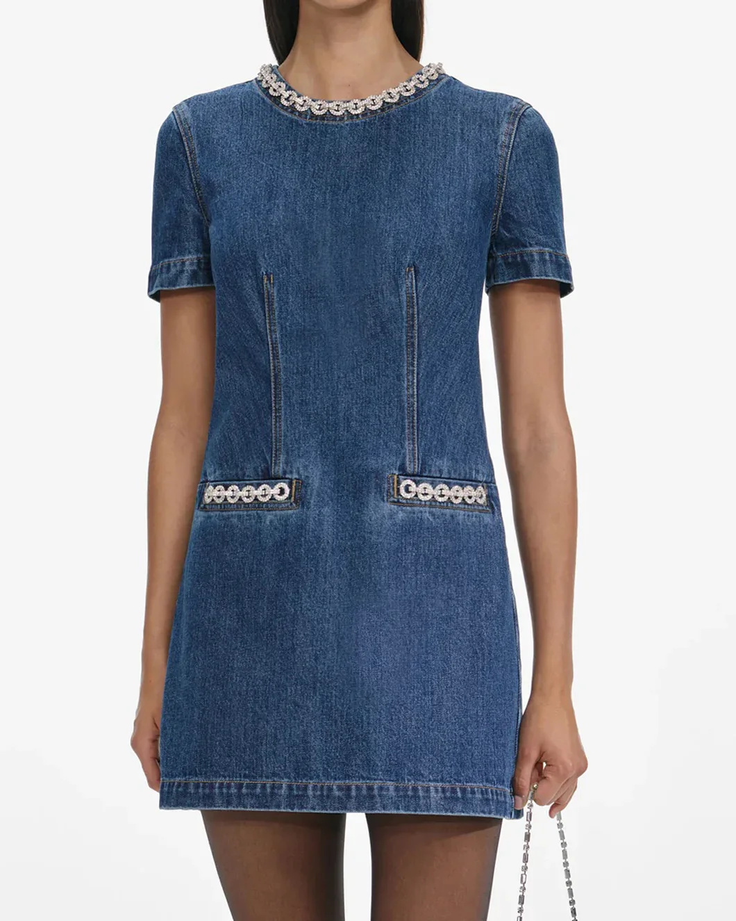 Denim Crystal Trim Mini Dress - Image 5