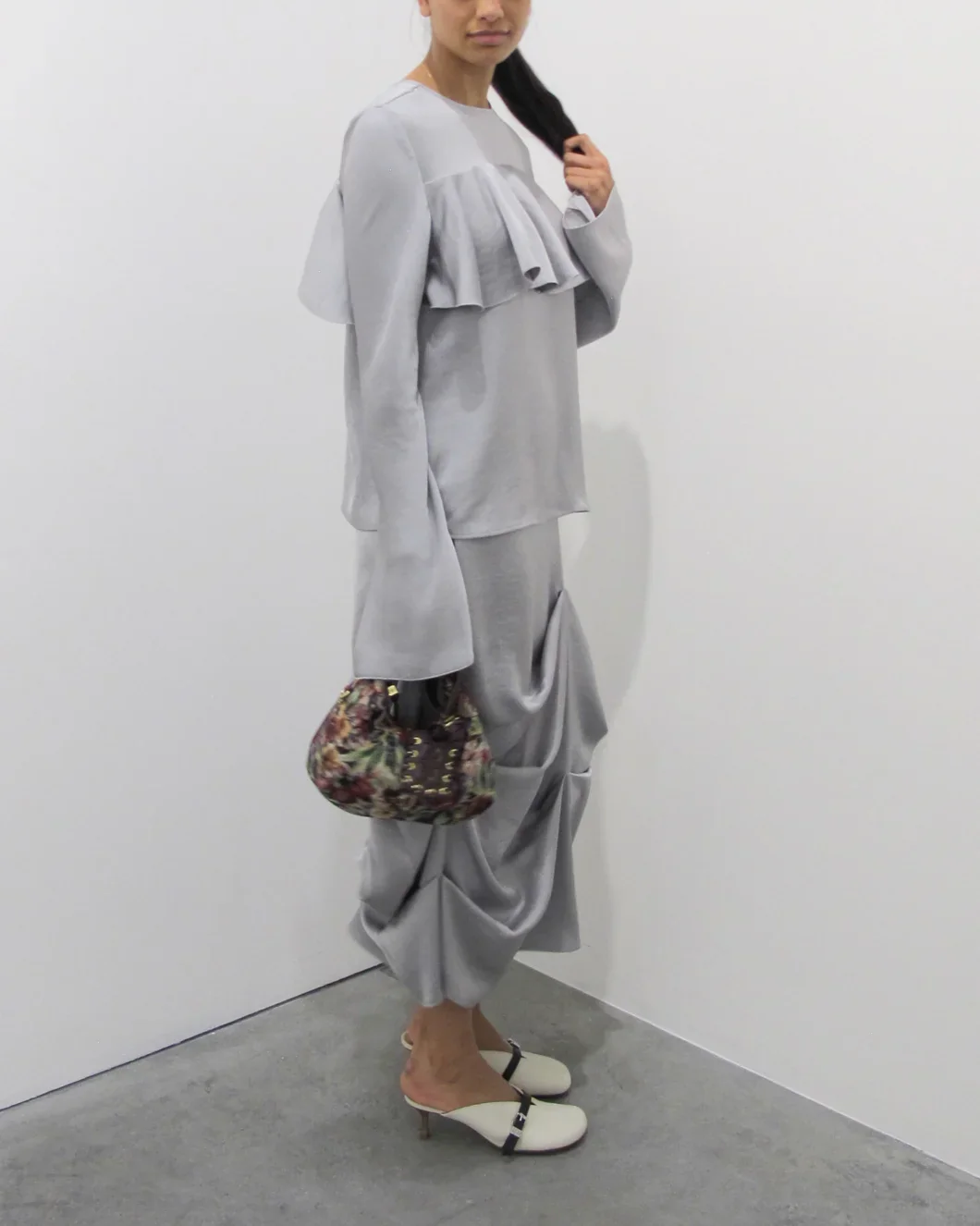 Double Viscose Satin Long Sleeve Ruffle Top - Image 3
