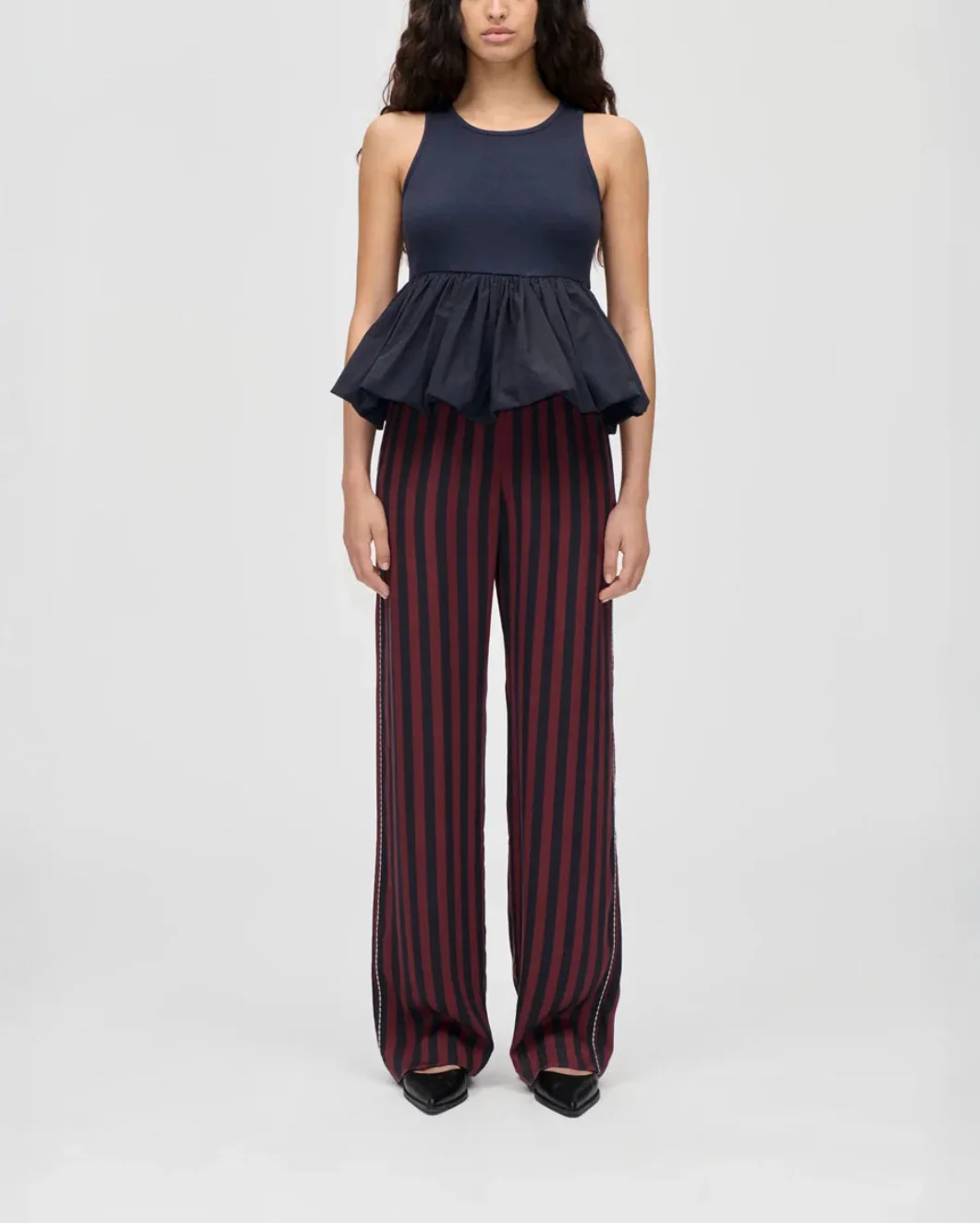 Elasticated Long Pants Navy and Burgundy Wallpaper Stripes - Image 2