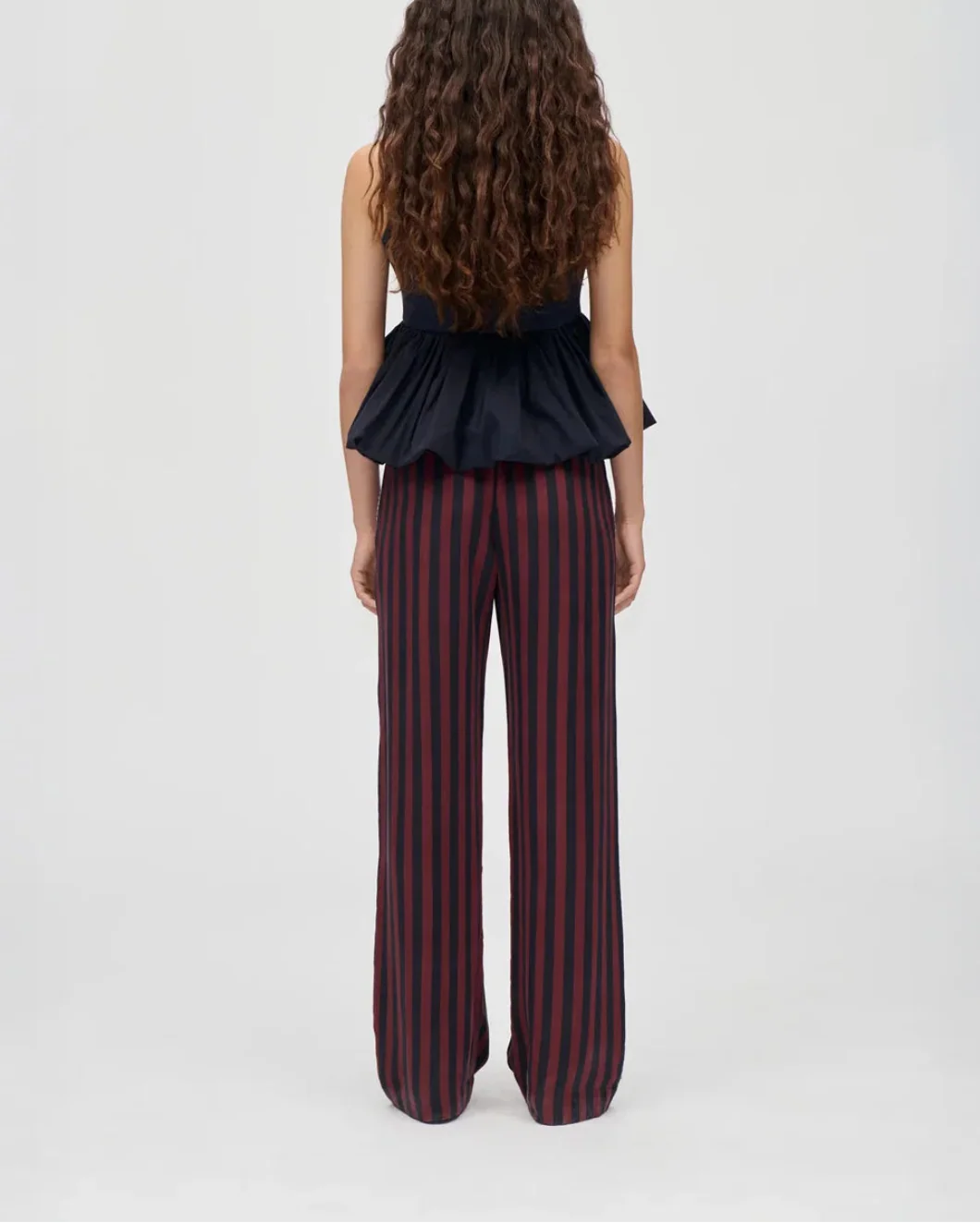 Elasticated Long Pants Navy and Burgundy Wallpaper Stripes - Image 3