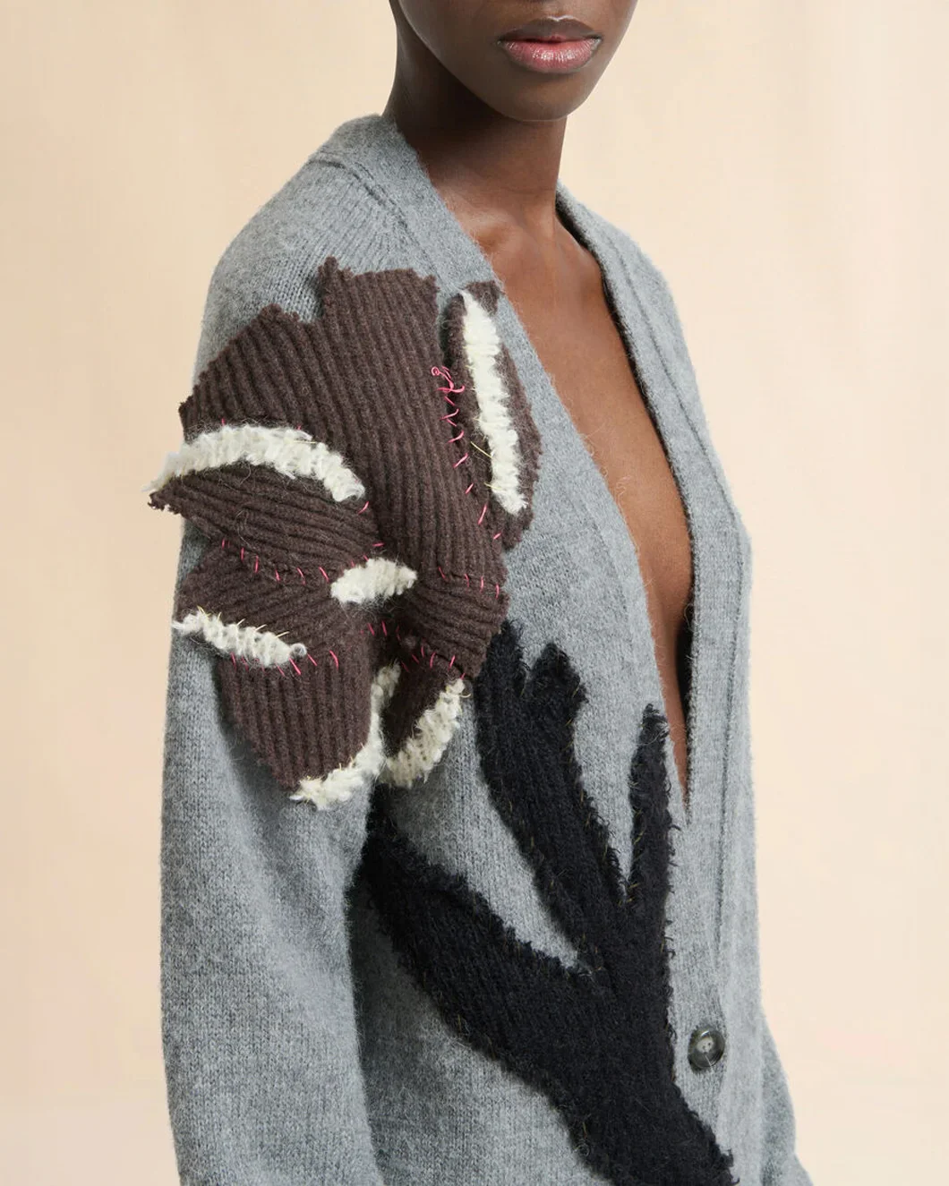 Gray Alpaca Wool Cardigan with Flower Patch - Image 5