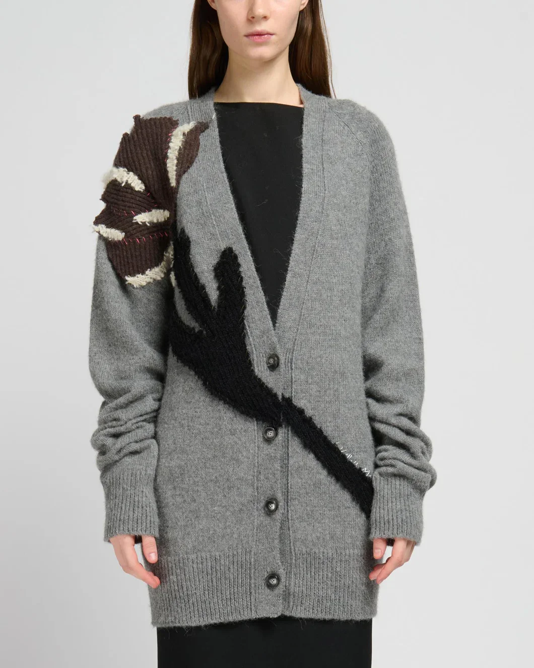 Gray Alpaca Wool Cardigan with Flower Patch - Image 6