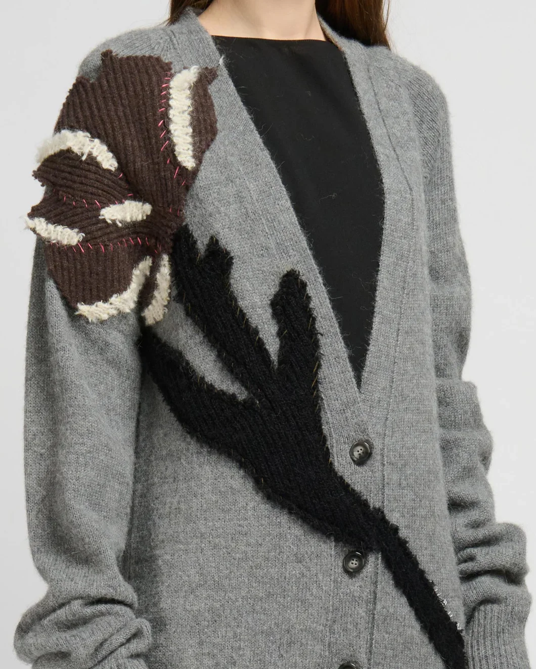 Gray Alpaca Wool Cardigan with Flower Patch - Image 7
