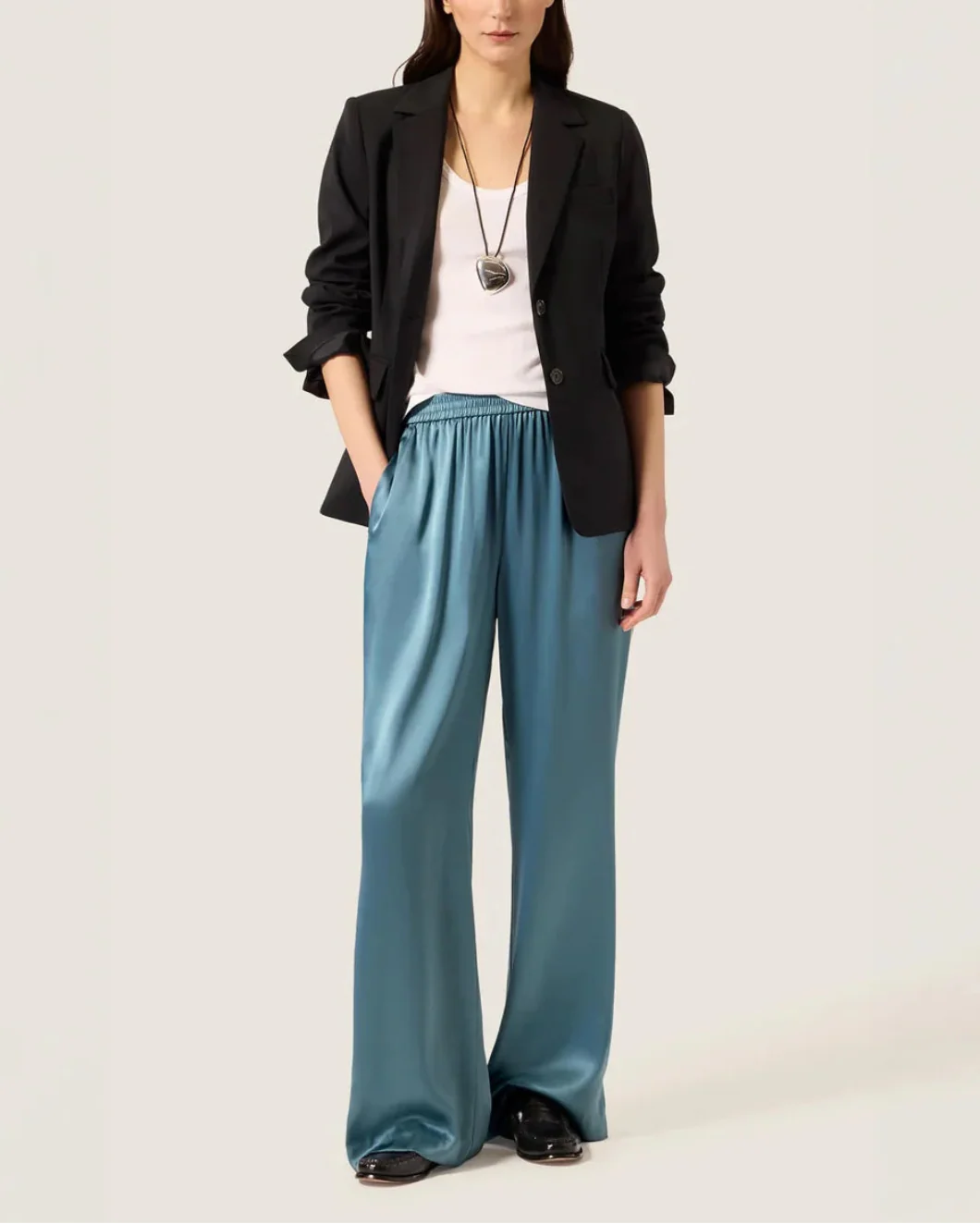 Pull-Up Pant in Silk Charmeuse with Piping Detail - Image 5