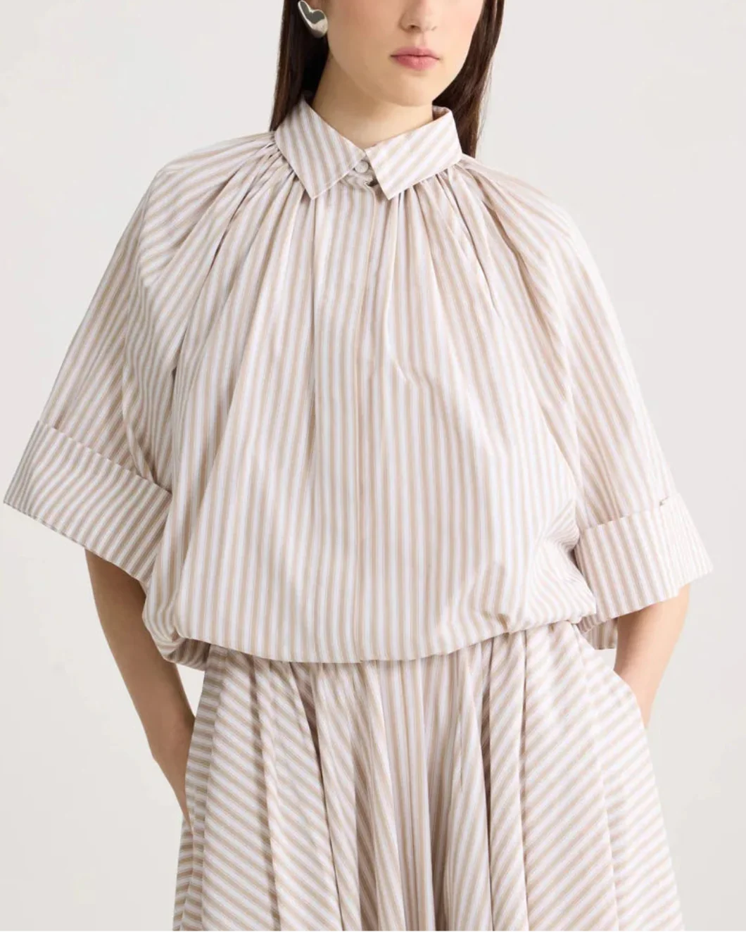 Organic Cotton Voluminous Short-Sleeved Striped Blouse - Image 4