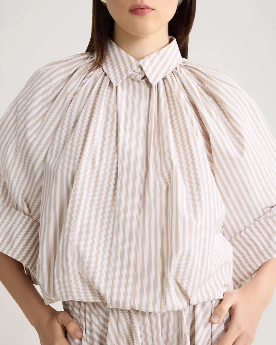 Organic Cotton Voluminous Short-Sleeved Striped Blouse - Image 5