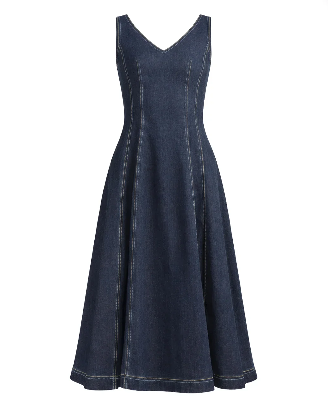 Stretch Denim Midi Balloon Dress
